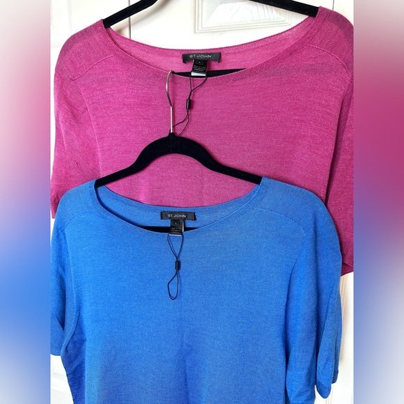 ST. JOHN Blue Wool Silk Knit Top Blouse Shirt Lightweight Boat Neck Pullout Tee - Picture 12 of 13